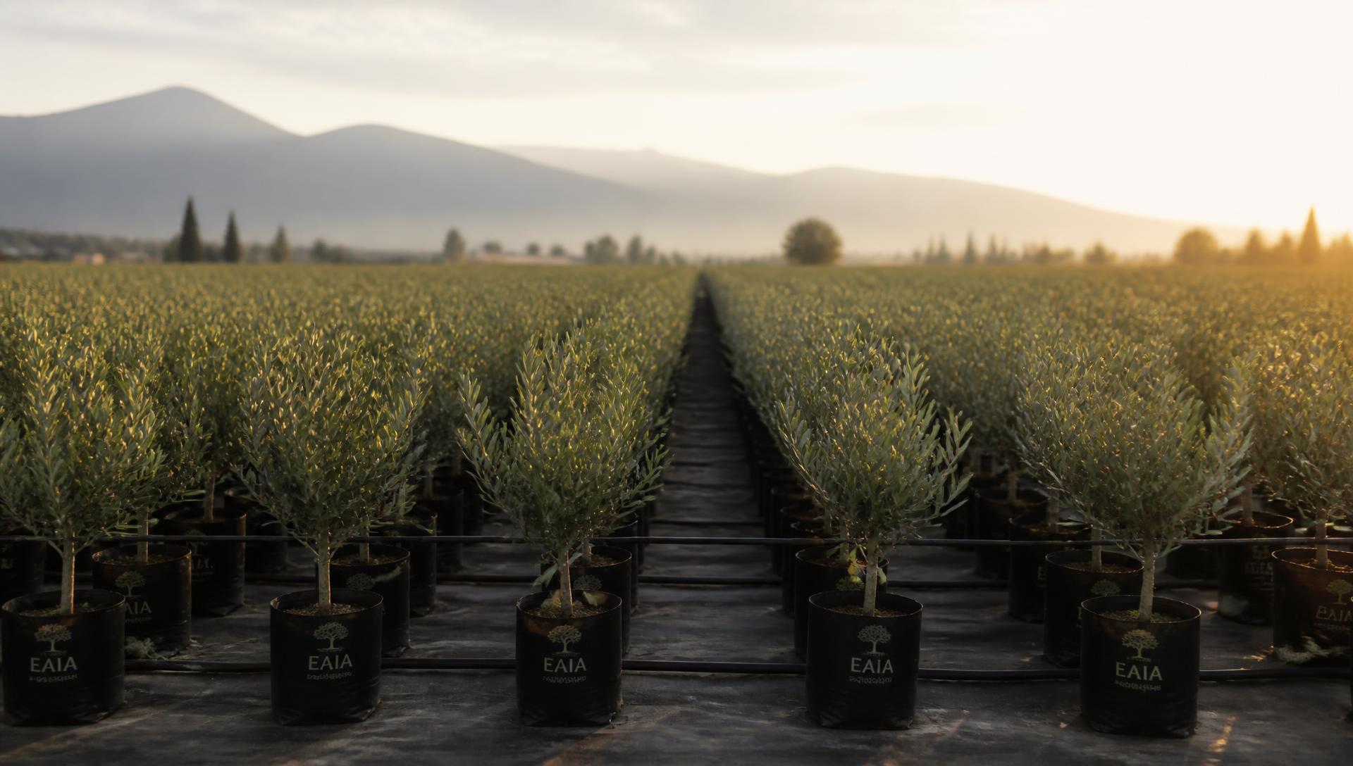 Rows of certified olive saplings at the nursery